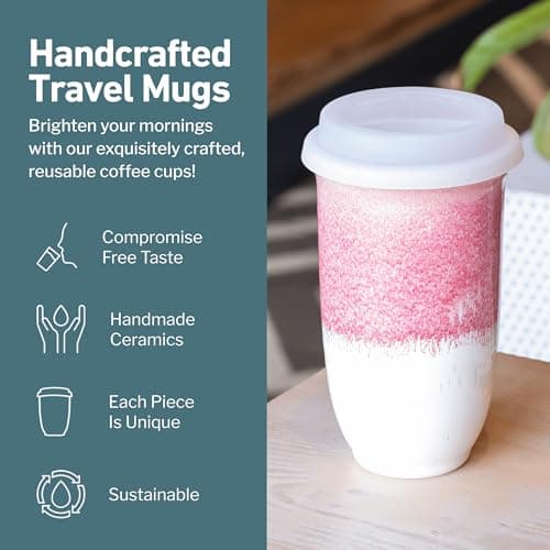 NOVA Ceramics Coffee Travel Mug - Coffee Travel Cup – Microwave & Dishwasher Safe Coffee Pink Tumbler - Gifts for Women Men Him Her – 475ml – Coral Pink — view 2