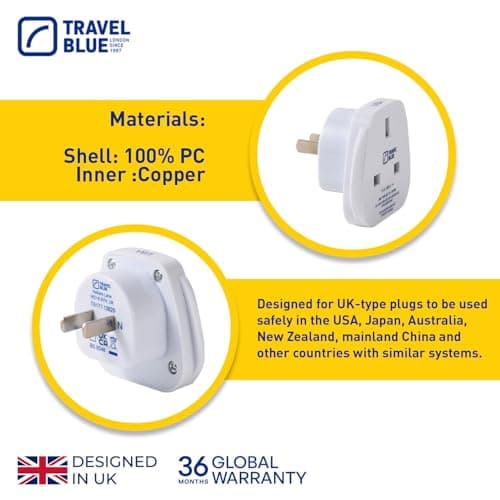 Travel Blue® UK to US Plug Adaptor | UK 3-Pin to US 2-Pin Plug Travel Adaptor Converter | Works in USA, Canada, Japan, China, Thailand & More | Compact & Lightweight - Pack of 1 — view 4