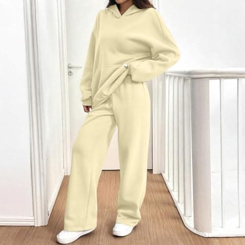 Tracksuit Womens Full Set Oversized 2 Piece Outfits Long Sleeve Hoodie and Sweatpants Women Lounge Wear Sets Fashion Sweatsuits Wide Leg Jogger Loose Loungewear Gym Fitness Activewear Set Beige L — view 2