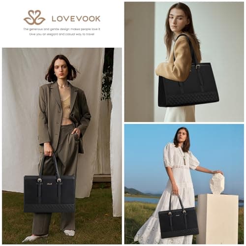 LOVEVOOK Laptop Bags for Women 15.6 Inch, Ladies Handbags for Work Business, Womens Large Tote Bag, Leather Shoulder Bag with Clutch Lightweight for Office Business School College Shopping, Black — view 2