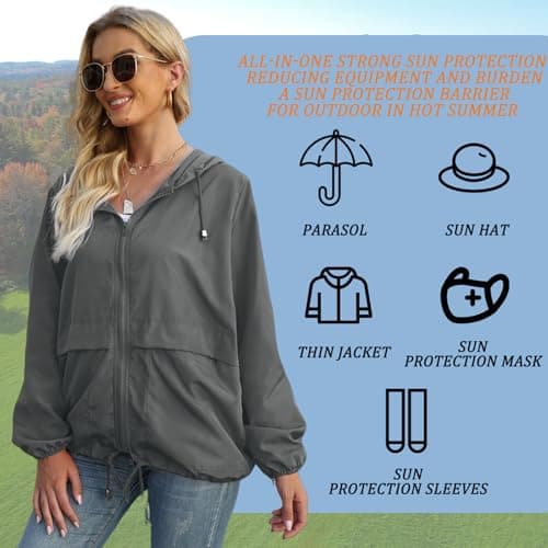 JiaYouLC Women's Lightweight Waterproof Jacket Packable Hooded Raincoat in a Bag Sun Protection Windproof Rain Jacket (UK, Alpha, XL, Regular, Regular, Black) — view 3