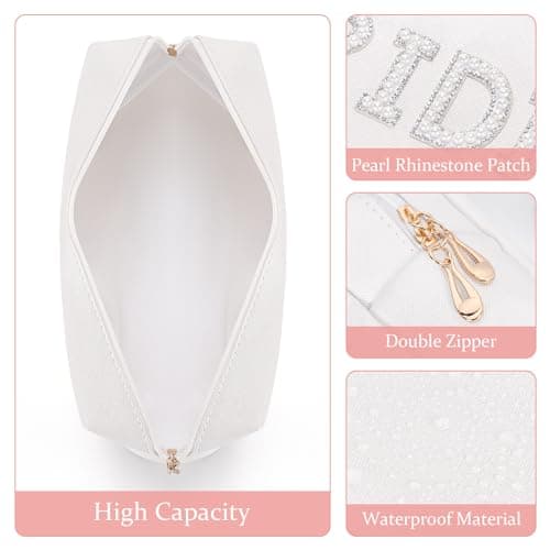 Etercycle Bride Letter Makeup Bag, Bridal Shower Gifts Bling Pearl Rhinestone Patch Cosmetic Bag, Waterproof PU Travel Toiletry Bag for Bachelorette Party Wedding Bridal (Bride) — view 3