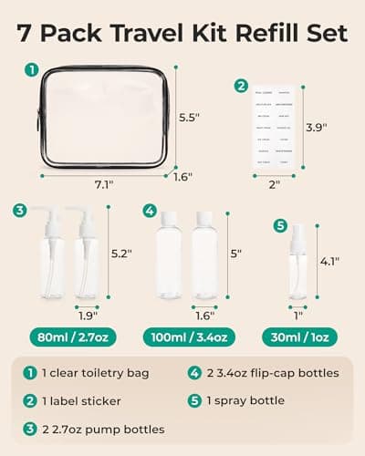 BAGSMART 7pcs Clear Toiletry Bag with Travel Bottles Set, TSA Approved — view 3