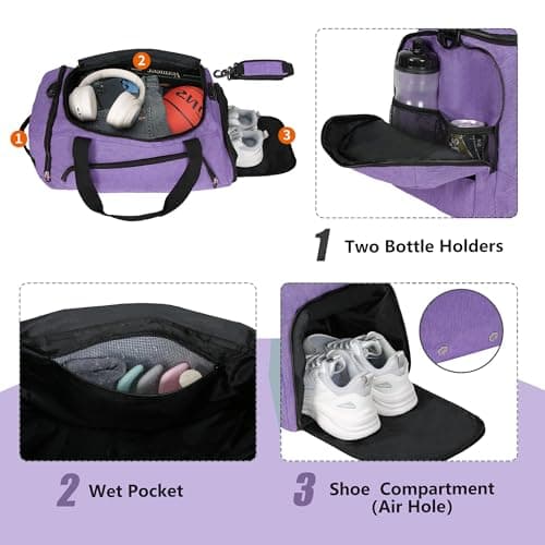 OLQI Gym Bag with Shoe Compartment & Wet Pockets for Men/Women,Sports Duffle Bags for Workout/Fitness/Travel (Purple, 20"x11"x11") — view 3