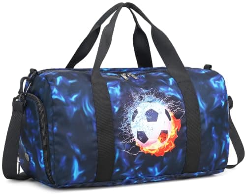 Kids Duffle Bag Girls Overnight Travel Sport Gym Bag Weekender Carry On Shoulder Bag with Shoe Compartment & Wet Pocket, Football Black Blue, L, Kids Duffle Bag