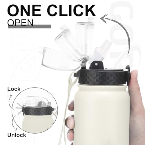GOPPUS 1L/32oz Stainless Water Bottle with Straw Double Wall Insulated Bottles with Strap Reusable Vacuum Thermal Flask Leakproof Keep Cold Drinks Bottles with Flip Top Lid BPA Free (Beige) — view 2