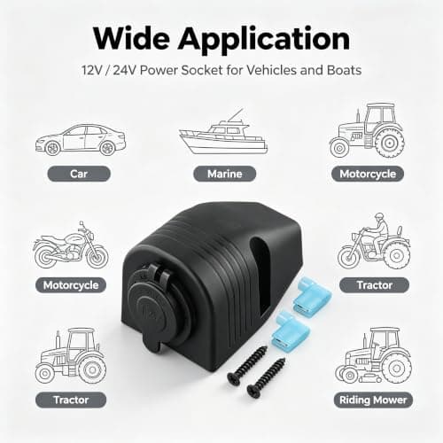 Surfaces Mount Socket 12V/24V Waterproof Power Outlet for Car Boat Motorcycle GPS Camera, Black Plastic Dashboard Accessory with Screws — view 6
