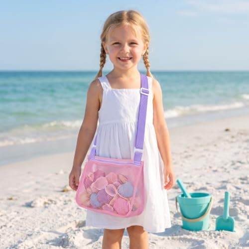 Kemay Mesh Beach Bag for Kids, Foldable Seashell Collecting Bag with Adjustable Strap, Sand Remover Shower Caddy Tote, Quick Dry Wash Bag for Swimming Pool, Travel and Camping Accessories — view 6