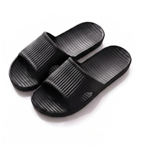 PUYTG Shower Shoes for Women/Men, Non-Slip Flat House Slipper Sandals, Lightweight Soft Flip Flop Shoes, Ladies Sliders for Home Bathroom Garden Poolside Beach Travel, Black, 4.5/5.5 UK