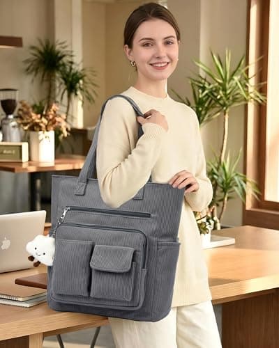 Micmores Corduroy Laptop Tote Bag for Women, 16 Inch Padded Work Bag with Zip, Aesthetic Multi-Pocket Teacher Bags for School Office Travel, Large Capacity Shopper Handbag (Grey) — view 2