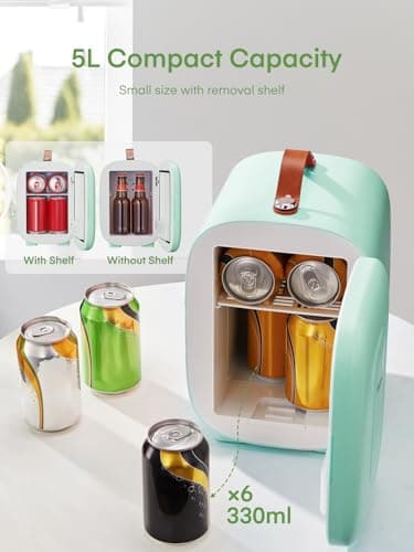 Mini Fridge 5 Liter/6 Cans, Small Fridge for Bedrooms, Cooler and Warmer, AC/DC Power, Portable for the Office, Bedroom, Car, Travel, Cosmetics/Makeup/Skincare, Green — view 2