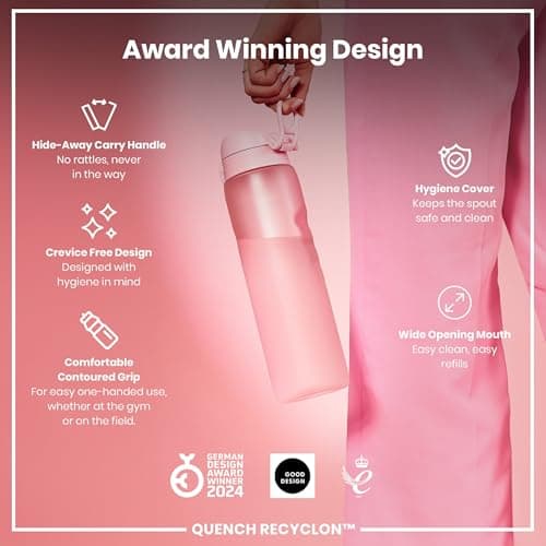 ION8 1 Litre Water Bottle, Leak Proof, Flip Lid, Carry Handle, Rapid Hydration, Dishwasher Safe, BPA Free, Contoured Grip, Ideal for Travel, Gym & Activity, Carbon Neutral Recyclon, 32 oz, Rose Pink — view 6