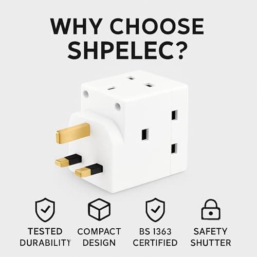 SHPELEC® 13A 3-Way Fused Adaptor - Heavy Duty Triple Plug Outlet Converter with Built-in Surge Protection - Safe & Reliable Power Splitter for Home, Office, and Travel (2 Pack) — view 2