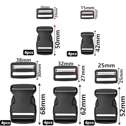 zeyedemo 20 Sets Plastic Side Release Buckles 15mm/20mm/25mm/32mm /38mm Heavy Duty Buckle Clips Snaps Backpack Belt Tri-Glide Slides Replacement Buckles for Luggage Fastening Strap Pet Collar — view 2