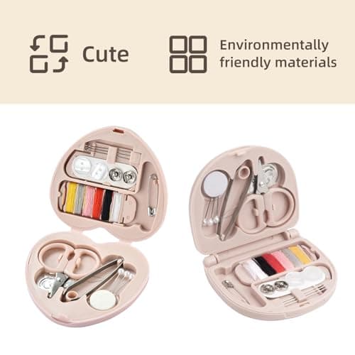 IUSOT 2Pcs Mini Sewing Kit, Travel Handbag Household Essentials Portable DIY Emergency Sewing Repair Supplies with Heart Shaped Storage Case, Needles, Cotton, Buttons, Pins, Thread, Scissors — view 3