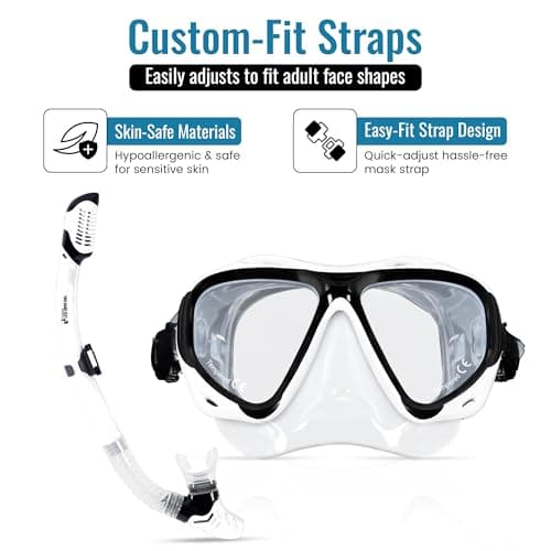 Two Bare Feet Adults Snorkel and Mask Set – Dry Top Silicone Snorkel, Anti-Fog Tempered Glass Dive Mask – Leak-Proof, Adjustable Fit for Swimming, Snorkelling & Diving Holidays (M2006S+S11S (White)) — view 6