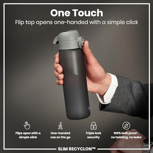 Ion8 Water Bottle, 500 ml/18 oz, Leak Proof, Easy to Open, Secure Lock, Dishwasher Safe, BPA Free, Hygienic Flip Cover, Carry Handle, Fits Cup Holders, Easy Clean, Carbon Neutral, Grey — view 3