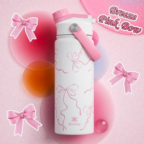 KEWIXY Pink Bow Water Bottle 500 ml/18 oz, 2-in-1 Lid, Stainless Steel Water Bottle with Straw for Women Girls, Ideal Birthday and Back to School Gift (Breeze Pink Bow1) — view 2
