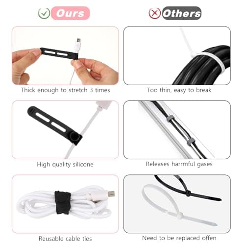 Molain Reusable Cable Ties, 20Pcs Adjustable Silicone Multifunctional Cable Straps Wire Organizer for Charging Cords Earphone Computer Wire Desk Cable Management Travel Accessories(Black+White) — view 3