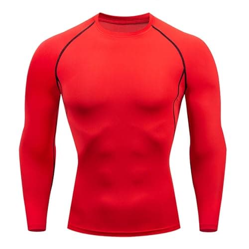 Men's Thermal Long Sleeve Compression Shirt for Running and Gym, Moisture-Wicking Athletic Top with Four-Way Stretch for Muscle Support, Black, L (Red, XL)