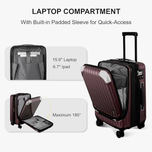 LEVEL8 Carry-on Suitcase 20-Inch, Expandable 4 Wheel Hand Luggage, ABS+PC Hardshell Spinner Trolley Lightweight with Laptop Compartment, TSA, Red — view 3