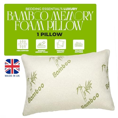 Bedding Essentials Soft Bamboo Memory Foam Pillow | Firm Support Pillow for Sleeping | Breathable Bamboo Cover | Premium Memory Foam for Back Support & Travel Use | 60 × 40 × 13 cm | Made in UK — view 2