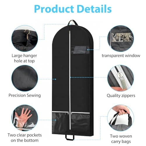 Fourindo 2 Pack 54 Inch Garment Bags, Heavy Duty Nonwoven Suit Bags with Handles and PVC Window for Travel & Storage, Hanging Clothes Cover for Suits, Dresses, Coats (Black, 137x60x10cm) — view 4