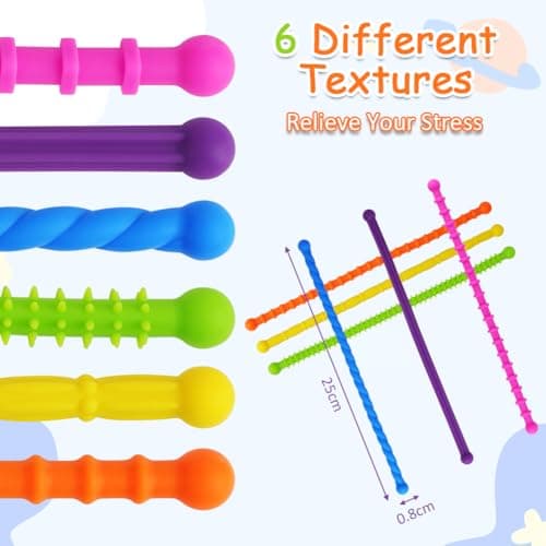 OSDUE Silicone Fidget Toys Sensory Stick, 6 Pack Textured Calming Sensory Toys or Autism Kids, Anxiety Relief for Activities Essential, Airplane Travel Toy for Kids Adults — view 2