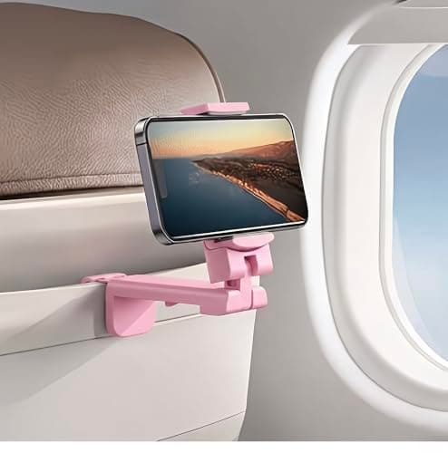 Sella Products Universal Airplane Phone Holder Mount – 360° Rotating, Foldable & Hands-Free – Fits iPhone, Samsung & All Smartphones 2.2"–3.7" Wide – Clips to Tray Table & Desk – Pink