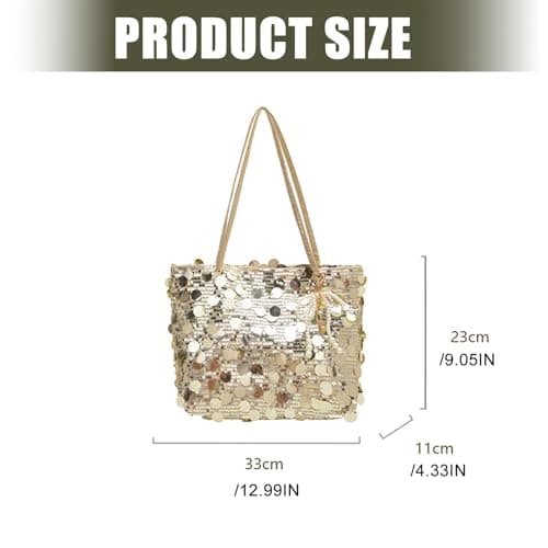 [Uitndvyte] Large Capacity Glitter Sequin Tote Bag Trendy Shoulder Bag Purse Handbag Shopping Beach Closure Large Capacity Hobo Bag, gold — view 5