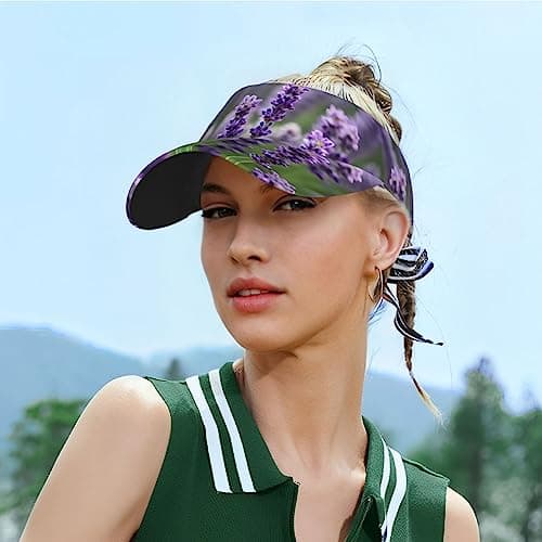 Purple Lavender Floral Flowers Print Sunscreen Visor Cap,Adjustable,Suitable Tennis,Baseball,Golf,Running,Cycling etc, Black, One Size — view 6