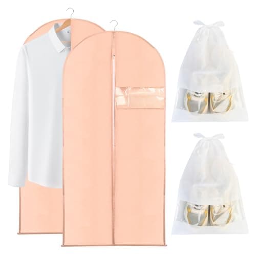 Tenbrachian 2 Garment Bags & 2 Shoe Bags, 23 x 47 in Suit Bag, Dust-Proof Clothes Covers Protector Bagss, Moth Proof Dress Bag with Zip, for Coat Jacket(Pink + White)