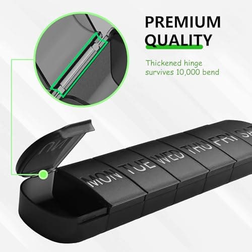 Portable Weekly Pill Box Organiser, 7 Day Travel Pill Case with Push Button Pop Open Lids Design, Black Weekly Tablet Pill Organiser for Vitamins, Supplements & Medicine Mark Curve — view 4
