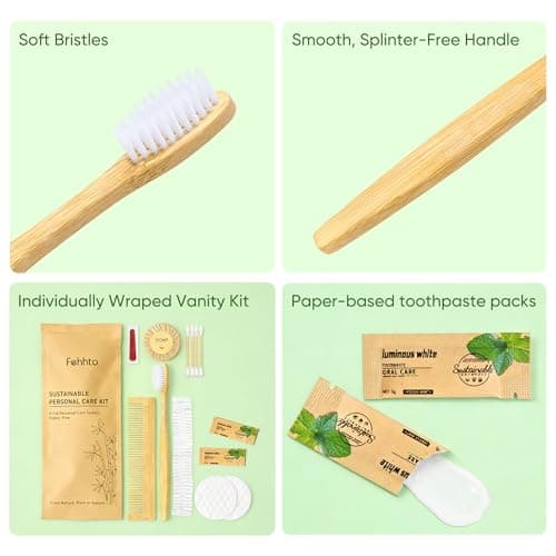 FEHHTO Compostable Personal Hygiene Kit Bulk 25 Sets, Disposable Travel Toiletry Kit, Eco Friendly Hotel Bathroom Amenities for Guest Care, with Bamboo Toothbrush, Toothpaste, Comb, Soap & Shower Cap — view 4