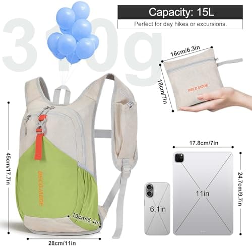BECOJADDE 15L Hiking Backpack for Men Women Foldable Small Rucksack Lightweight Mini Backpack for Camping Travel Outdoor, Beige Green — view 4