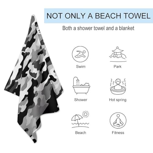 GHBNK Black Grey White Camo Beach Towel for Adults Oversized 31"x51" Pool Towel Sand Free Beachtowel Quick Dry Bath Towels Lightweight Absorbent Swim Towels for Travel, Swimming, Yoga, Camping — view 3