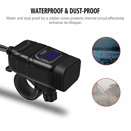 Kriogor Motorcycle Car Charger with QC 3.0 USB Socket and Type-C Port, IP65 Waterproof Dustproof Motorbike USB Adapter with 6-30V LED Voltmeter and On/Off Switch for 12V Boat Marine SUV (Blue) — view 3
