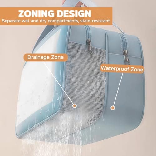 Large Clear Wash Bag, Dry Wet Segregation Toiletry Bag with Hollow Mesh Portable Makeup Bag PVC Waterproof Cosmetic Bag Travel Toiletries Bags for Women Men (Large-Blue) — view 2