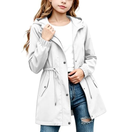 White Girls Waterproof Jacket Windproof Hooded Raincoat Outdoor 11 Years