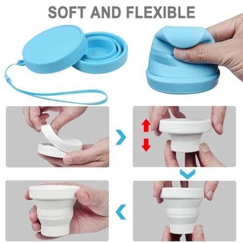 YUFETY 2 Pack Silicone Collapsible Cups BPA Free Portable Folding Cups with Sealing Lid Reusable Foldable Travel Mugs for Camping, Hiking, Picnic - White and Light Blue — view 4