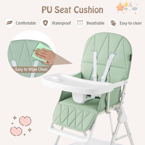 COSTWAY Foldable Highchair for Babies and Toddlers, Compact Lightweight High Chair with 3-Position Adjustable Tray & Footrest, Removable Seat Cushion (Green with Basket) — view 4