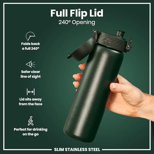 Ion8 Lightweight Steel Water Bottle, 600 ml/20 oz, Non-Insulated, Leak Proof, Easy to Open, Secure Lock, Dishwasher Safe, Flip Cover, Fits Cup Holders, Carry Handle, Metal Water Bottle, Dark Green — view 4
