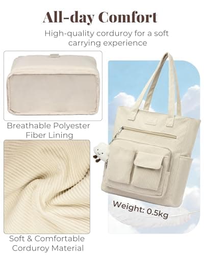 Micmores Corduroy Laptop Tote Bag for Women, 16 Inch Padded Work Bag with Zip, Aesthetic Multi-Pocket Teacher Bags for School Office Travel, Large Capacity Shopper Handbag (Green) — view 3