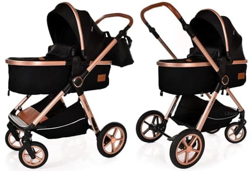 Baby Pram with Car Seat Lightweight Buggy Stroller Foldable Pushchair 3 in1 Baby Travel System Newborn Toddlers (Black - Rose Gold) — view 5