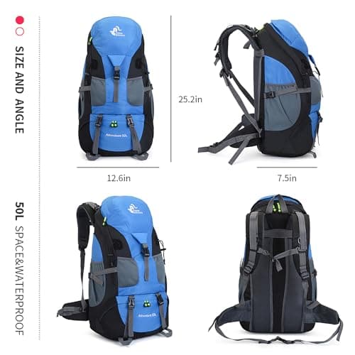 Bseash 50L Hiking Backpack, Water Resistant Lightweight Outdoor Sport Daypack Travel Bag for Camping Climbing Touring (Light Blue - No Shoe Compartment) — view 2