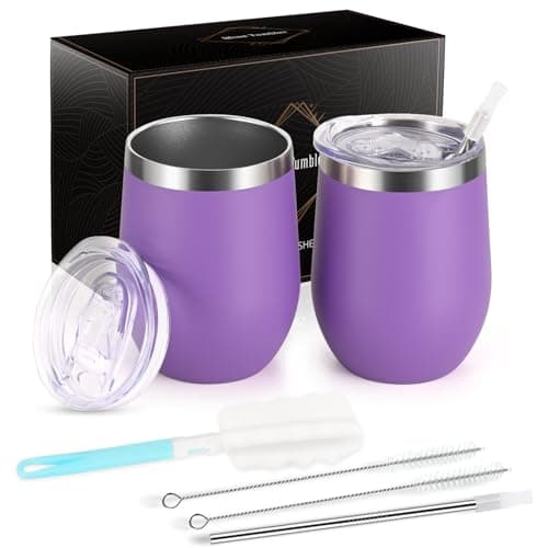 Joymaking 12oz Reusable Coffee Cup, 2 Pack Double Walled -Insulated Travel Mug Vacuum Stainless Steel Wine Tumbler with Spill Proof Lid, Great for Coffee, Tea, Milk and Wine, Purple