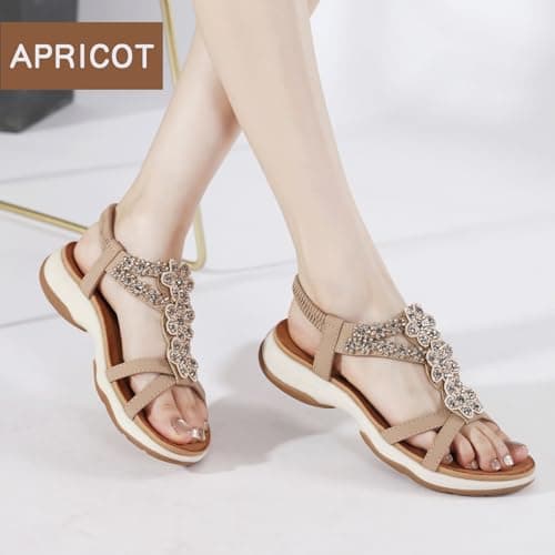 ZDQ Sandals for Women Summer Ladies Bohemian Flat Sandals with Rhinestone Comfortable Arch Support Slip On Holiday Sandals Beige 6.5 — view 2