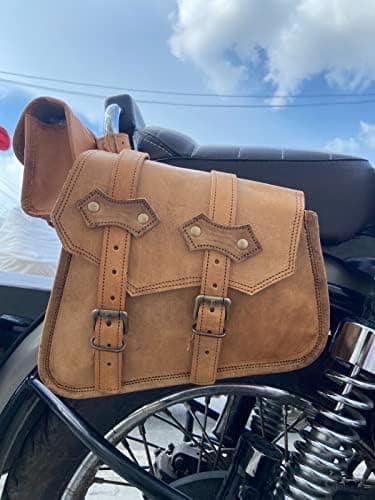 Handmade Panniers Luggage Leather Saddle Bags || Motorcycles Bike Power Sports Moped Accessories || Leather Dual Sport Motorcycle Left Right Two Side Bag with Tool Bag (Set of 3 Brown) — view 2