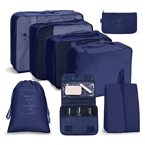 OSDUE Packing Cubes for Suitcases, 8 PCS Travel Luggage Packing Organizers Waterproof Travel Essentials Bag Accessories, Clothes Shoes Cosmetics Toiletries Storage Bags, Navy Blue