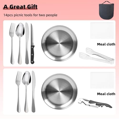 14 Pcs camping plate set,camping plates and bowls set for 2,stainless camping cutlery,Including portable cutlery bag- Ideal for road trips, picnics, and camping adventures,reusable — view 4